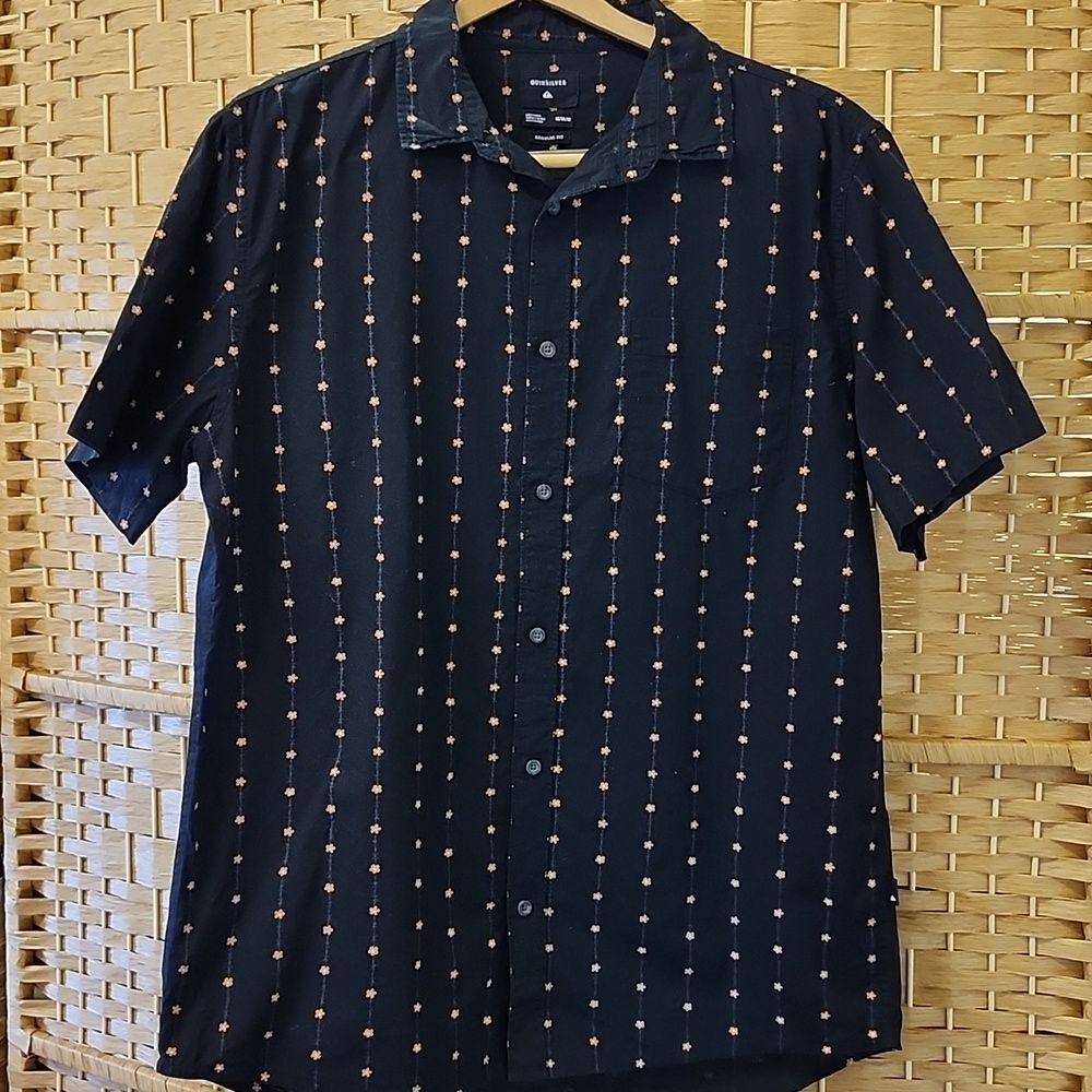 QUICKSILVER Men's Casual  Black Orange Flower Collared Short Sleeve Shirt M